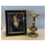VINTAGE PORTRAIT OF PRESUME DE MADAME LA DUCHESSE 9X11 & GILDED GOLD PAINTED CANDLESTICK 9' TALL