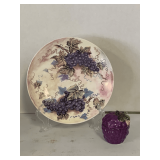HEAVY HAND PAINTED PURPLE GRAPE SERVING PLATE 10' ROUND & SMALL COVERED CERAMIC PURPLE GRAPE CANDLE 3 1/2' TALL X 3 1/2' ROUND