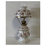 VINTAGE PORCELAIN 11' HURRICANE OIL LAMP - GONE WITH THE WIND STYLE, FLORAL ROSE PATTERN