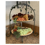 TWO 11' GRAPE PATTERN DINNER PLATES FULL OF GRAPES & 2 TIER METAL PLATE STAND