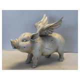 RESIN WHITE FLYING PIG FIGURINE (ONE EAR NEEDS TO BE REATTACHED) 12' LONG X 10' TALL