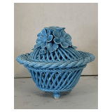 BEAUTIFUL VINTAGE TURQUOISE OPEN WEAVE CERAMIC BOWL WITH LID - HANDMADE IN ITALY SIGNED BY ARTIST 8 3/4' ROUND X 8' TALL