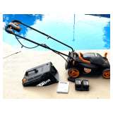 Shed…Worx 40V (two 20V) battery powered lawnmower with grass catcher, comes with 2-20 V batteries with chargers, see pictures for details.