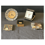 Garage… Assorted vintage items to include a pill case, vintage mother of pearl or abalone inlay powder compact, travel clock, crystal desk clock, vintage compact, believed to be from the Illinois Wa