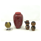BR1…Assorted home decor to include a ceramic Ginger jar vase, bird figurine with broken tail, and vintage Japanese Kokeshi dolls, with a movable bobblehead. See pictures for details.