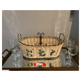 KIT…Woven basket with ceramic tiles, decorative plate holder, also includes stemware, set of eight, see pictures for details.