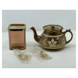 BR1…Vintage Arthur Wood teapot featuring a gold luster glaze and a white grape and leaf design, also comes with a makeup brush cup, and more. She pictures for details.