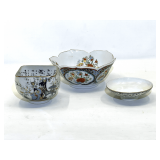 BR1… Asian themed dishware, includes a vintage Japanese ceramic pedestal bowl with hand-painted cherry blossom motif, porcelain Imari ware lotus bowl, and a vintage porcelain bowl featuring hand-pai
