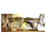 KIT… Content of bottom shelf of cart to include a vintage Lawiercie lead crystal bowl from Poland with a starburst pattern, also includes a crystal bowl/candy dish, believed to be Gorham crystal, an