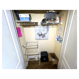 BR1…Closet lot marked 1145 of entire content of closet to include a folding stepstool, winter scene artwork, paper shredder, laundry rack, and more. See pictures for details.