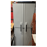 Shed… Plastic/resin double door utility cabinet with content, includes fasteners, books, rope, and more. POWER CORD SEEN IN PICTURE IS SOLD IN DIFFERENT LOT. See pictures for details.