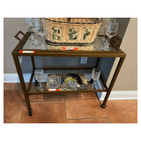 KIT… Glass and metal beverage cart with lift out mirrored tray. Items shown in pictures are sold in separate lots, see pictures for details. ￼