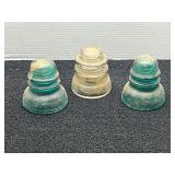 Vintage glass insulators, three pieces, see pictures for details.