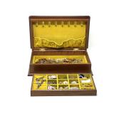 Wooden Jewelry Box with Floral Inlay and Assorted Costume Jewelry