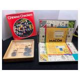 Collection of Four Board Games: Chinese Checkers, The Game of Macon, Scrabble, and Tic Tac Toe. Please inspect these items, no guarantee all parts are there.