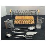 Assorted Household Items Including Metal Basket, Flask, Glass Pitcher, and Serving Utensils