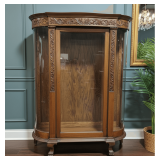 ANTIQUE CARVED  GLASS FRONT DISPLAY CABINET - Glass door was taken off for moving. Screws are in the cabinet, Completed photo will be posted soon.