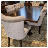 CARVED FRONTGATE TRESSLE TABLE WITH 2 LEAVES, COMFORTABLY SEATS 10 (CHAIRS NOT INCLUDED) - Photo is shown without leaves inserted.