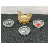 Glass Hen on Nest Figurine and Set of Three Glass Coasters