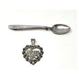 Sterling Silver Spoon Brooch and Mom Heart Pendant Stamped 925