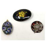Vintge, signed hand painted lacquered brooch, believed to be Russian, vintage floral cloisonne oval pendant, and a vintage hat brooch