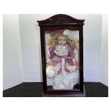 Porcelain Doll in Wooden Display Case