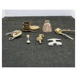 Assorted vintage items to include a mid-century Italian brass boot ashtray, manual clippers, Duz-All flight wrench, and more. See pictures for details.