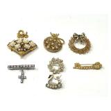 Collection of Six Vintage Assorted Decorative Brooches with Faux Pearls and Rhinestones