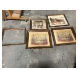 Vintage framed art prints, four pieces, also includes one frame. See pictures for details.