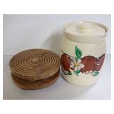 Ceramic Storage Jar with Lid and Two Wooden Trivets
