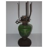 Green Glass Oil Lamp with Metal Base