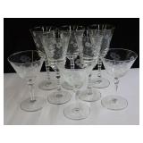 Set of Eight Etched Floral Pattern Glass Stemware