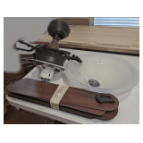 CEILING FAN ASSEMBLY WITH FROSTED GLASS SHADE AND WOOD-FINISH BLADES, 55”