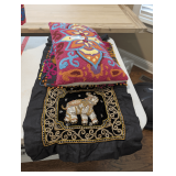 DECORATIVE TEXTILE WALL HANGING, EMBROIDERED THROW PILLOW, AND PAIR OF DECORATIVE FABRIC PANELS