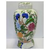 Large Ceramic, Hand-Painted Ginger Jar with Floral and Butterfly Motif