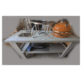 IMPRESSIVE HEAVY DUTY HAND MADE ROLLING OUTDOOR PREP TABLE WITH BUILT IN SINK AND VISION GRILLS CERAMIC GRILL, ALL UNUSED