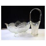 Clear Glass Footed Bowl and Handled Basket Set-See all photos.