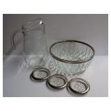 Glass Pitcher, Serving Bowl, and Coaster Set with Metal Rims
