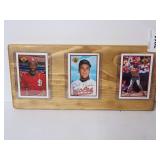 Set of Three Bowman Baseball Cards Mounted on Wood Display