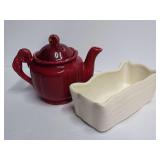 Shawnee Pottery Burgundy Rosette Teapot and McCoy Rectangular Planter(Repaired)