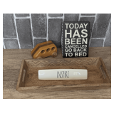 RAE DUNN ARTISAN COLLECTION CERAMIC INSPIRE DESK PLAQUE, CARVED WOOD TRAY AND MORE