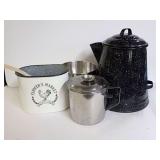Kitchenware Assortment Including Enamelware Coffee Pot