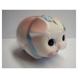 Ceramic Piggy Bank with Floral and Ribbon Motif