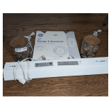 LIGHTING LOT: 24” LED SHOP LIGHT, TWO DECORATIVE METAL CYLINDRICAL SHADES, AND GE 12” ROUND FLORESCENT BULB