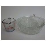 Anchor Hocking Glass Measuring Cup and Embossed Fruit Pattern Casserole Dish