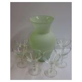 Frosted Green Glass Vase with Six Stemmed Glassware Pieces