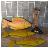 DECORATIVE METAL FISH WALL ART, WOODEN INCENSE BURNER TOWER, AND ECUADOR NAPKIN HOLDER