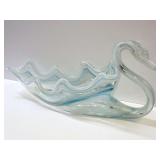 Swan-Shaped Glass Decorative Bowl with Blue Swirl Accents