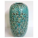 Turquoise Glazed Ceramic Vase with Relief Scrollwork