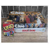 COLLECTION OF THREE BOARD AND CARD GAMES: CLUE, MONOPOLY, AND UNO